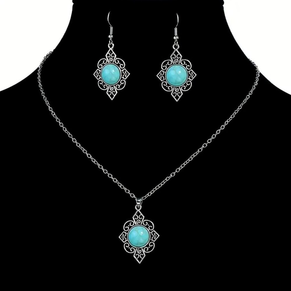BJ Glamorous Vintage Style Floral Turquoise Gems Retro Necklace/Earring Set